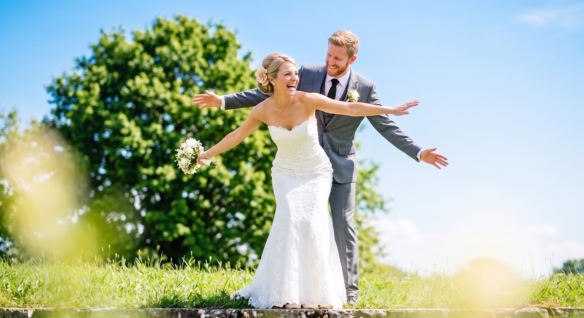 A joyful wedding couple embracing the sunshine
