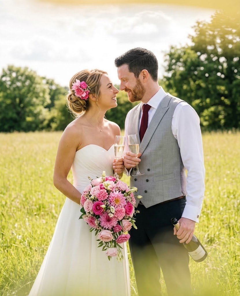A bride and groom sharing a smile in a meadow